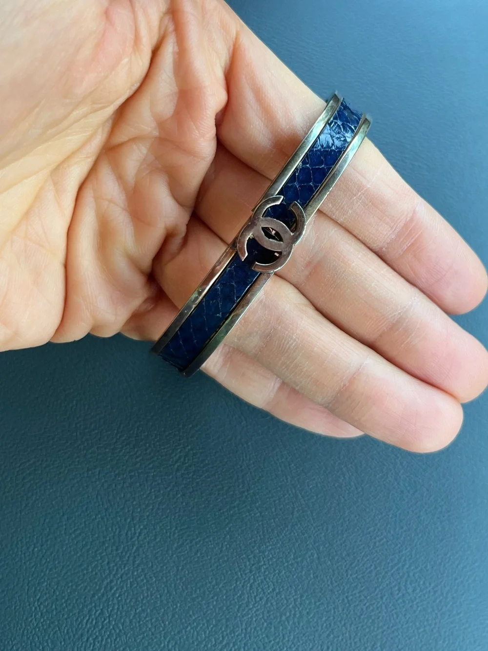 1970S Chanel Interlocking CC Cuff Bracelet Blue Snakeskin RARE Vintage